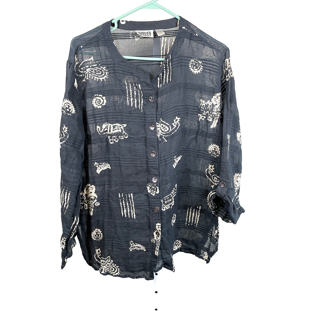 Chico's Design Button up Blouse 3 XL 16‎ Black Elephants Roll Tab Sleeve Shirt